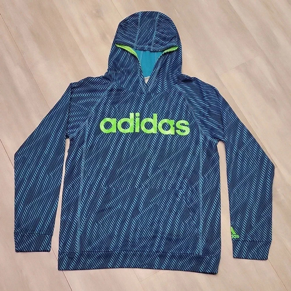 Adidas Blue Teal Wavy Pattern Hooded Long Sleeve Sweatshirt Youth Size XL‎ - Picture 1 of 11